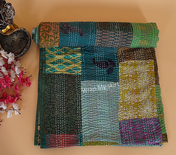 PATCHWORK KANTHA QUILT Indian Vintage Throw Blanket Silk Bedcover Handmade Bohemian Coverlets Queen Twin size Bedspread Quilts For Sale