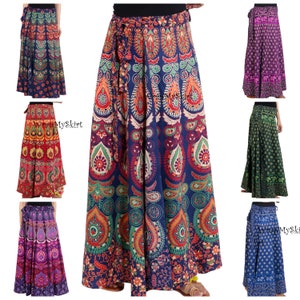 May include: A collection of colorful wrap skirts with intricate mandala patterns. The skirts are made of cotton and have a tie closure. The skirts are available in a variety of colors, including blue, red, green, purple, and pink.
