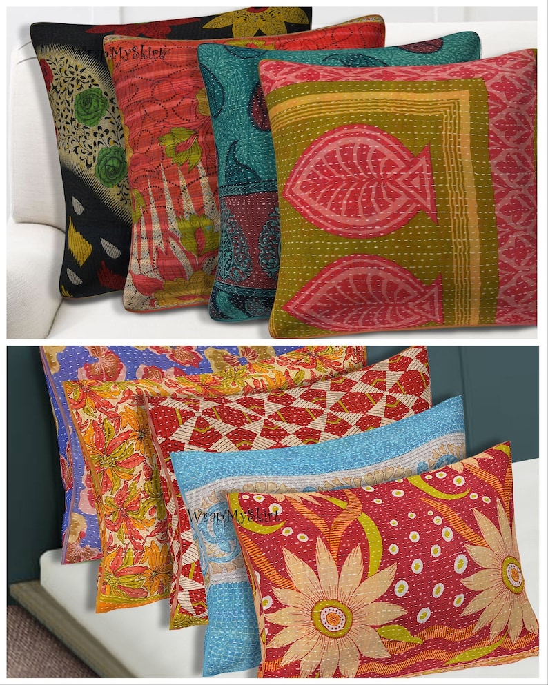 May include: A set of six colorful kantha throw pillows with various floral and geometric patterns. The pillows are made of cotton and have a hand-stitched look. The pillows are perfect for adding a touch of bohemian style to any room.