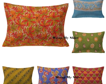 Handcrafted Vintage Kantha Style Pillow Cover, Bohemian Bedroom Decor Upcycled Cotton Cushion