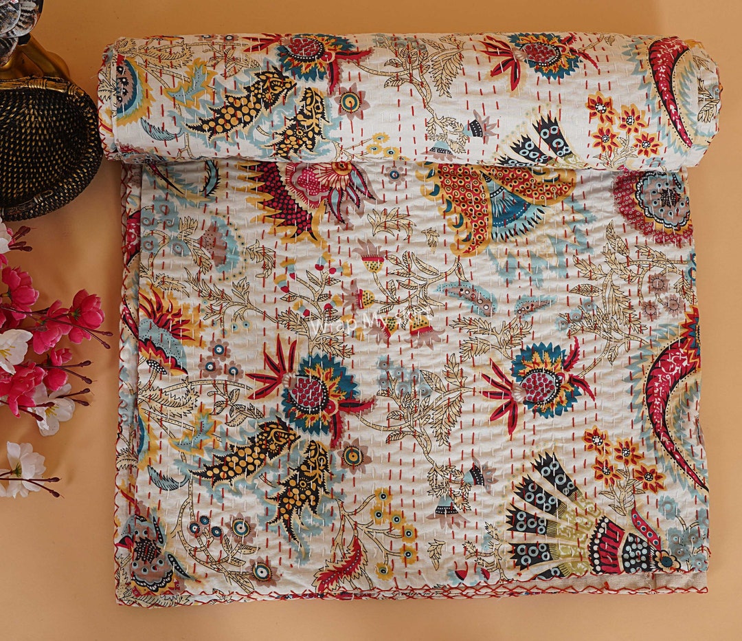 Indian Natural Tones Handloomed Bohemian Cotton Sunflower Handblock Print Bedspread Throw