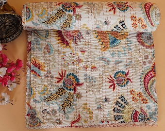 Couvre-lit indien Kantha fait à la main, imprimé à la main, 100 % coton, courtepointe Kantha, couvre-lit Kantha, couverture en coton Kantha
