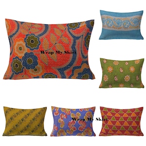 Indian Hand Stitched Vintage Cotton Pillow Cover, Bohemian Kantha Outdoor Cushion Covers