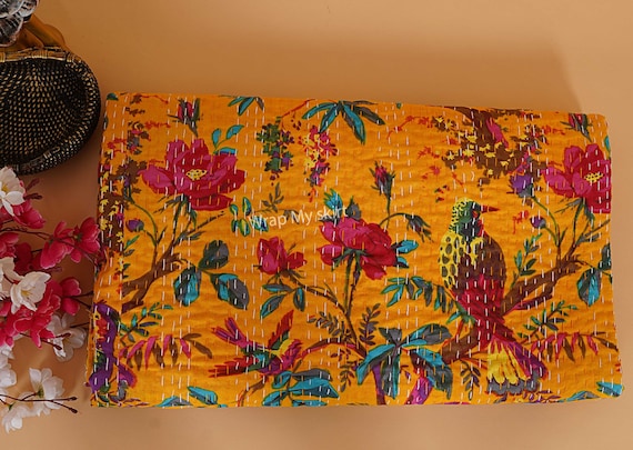 Handblock Kantha - Manta De Algodón Hecha A Mano Con Estampado De Mono Kantha Art Bohemian Coverlet