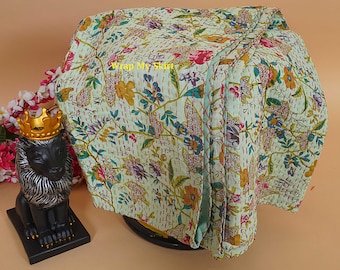 Indian kantha blanket hand stitched cotton quilt floral sofa throw reversible bedding