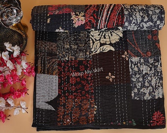 Bohemian Patchwork Kantha Quilt Handmade Vintage Bedding Throw Blanket Traditional Decorative Quilt