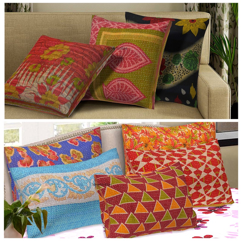 May include: A set of six colorful patterned throw pillows with various designs, including floral, geometric, and paisley patterns. The pillows are made of kantha fabric, a traditional Indian textile known for its intricate stitching and patchwork designs.