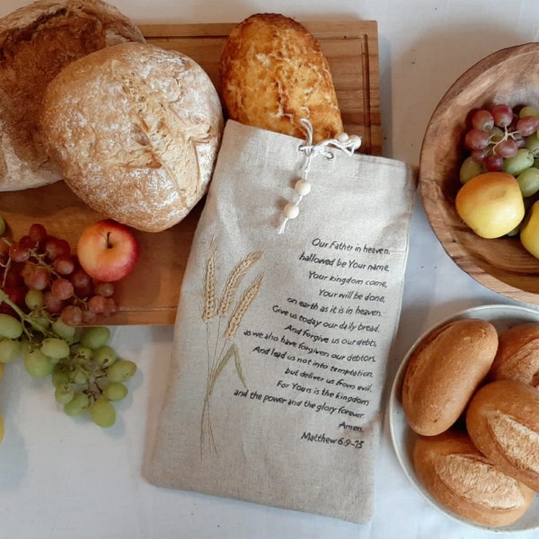 Personalised Handmade Bread Bag Linen Pouch With Your Chosen Hand embroidered Bible Verse Text And Design Daily bread Christian gift