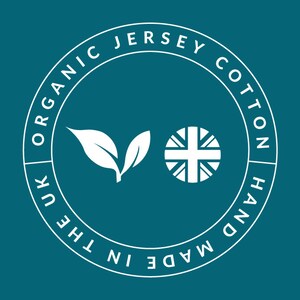 Teal sticker with circular badge which reads organic jersey cotton and handmade in the UK in white text.