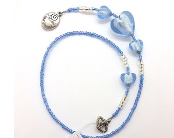 Beaded Thong Bookmark Blue Hearts & Silver