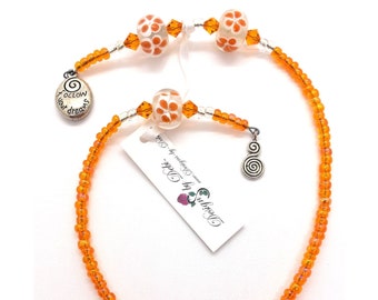 Beaded Thong Bookmark Orange Flowers Silver Swirls Follow Your Dreams