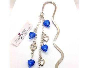 Silver & Blue Hearts Squiggle Metal Bookmark