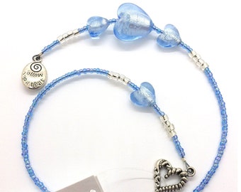 Beaded Thong Bookmark Blue Hearts & Silver Follow Your Heart