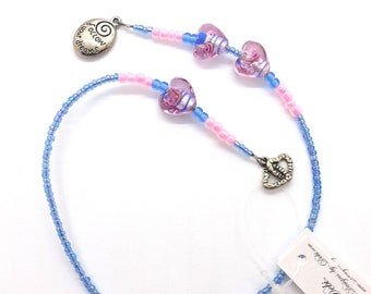 Bookmark Beaded Thong Blue Pink and Silver Hearts