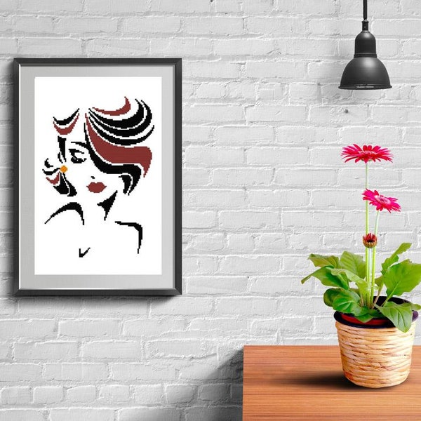 Counted Cross Stitch Pattern Woman Face Silhouette Modern Download PDF pattern