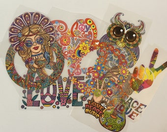 Iron On Hippie Transfers, Peace, Love, Music, Craft Supplies, Embellishments