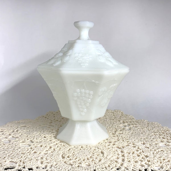 Vintage Covered Candy Dish, White Milk Glass, Pedestal Candy Dish