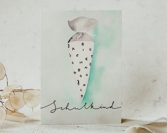 Karte zur Einschulung | A6 | Einschulung Junge Einschulung Mädchen I Karte Einladung Einschulung Aquarell Illustration | Handlettering