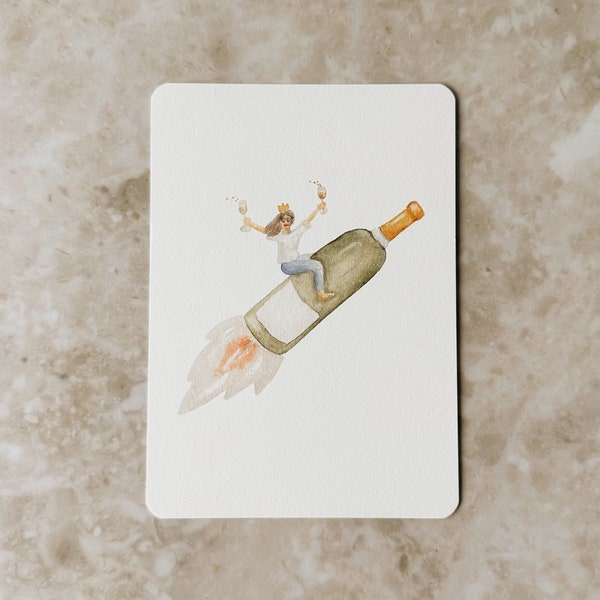 Birthday postcard wine rocket | Party invitation round birthday | Gift for 30th, 40th, 50th | A6 | self-labeling | Watercolor | Print