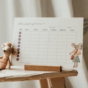 Stundenplan Din A5 Holzschliffpappe | Beidseitig bedruckt | Aquarell Dino und Maus | Geschenk Einschulung Schulkind