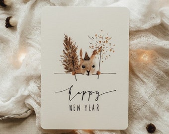 Carte pour le Nouvel An Écureuil du Nouvel An Bonne année | A6 | bonne année | Illustration aquarelle | Lettrage à la main | Imprimer