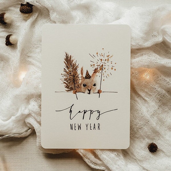 Karte zum Neujahr Silvester Eichhörnchen Happy New Year | A6 | frohes neues Jahr | Aquarell Illustration | Handlettering | Print