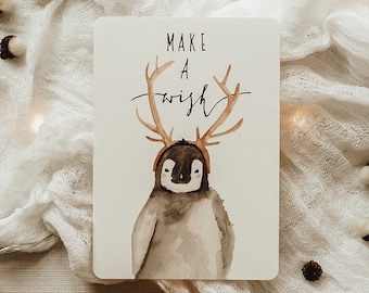 Christmas card watercolor penguin Make a wish | A6 postcard | Christmas card Watercolor Christmas card handmade