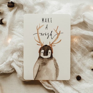 Weihnachtskarte Aquarell Pinguin Make a wish | A6 Postkarte | Weihnachtskarte Aquarell Weihnachtskarte handgemacht