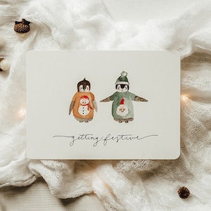 Weihnachtskarte Aquarell Pinguine Getting Festive Ugly Sweater | A6 Postkarte | Weihnachtskarte Aquarell Weihnachtskarte handgemacht
