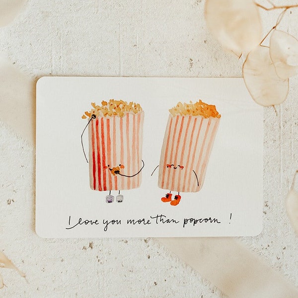 Karte Popcorn | A6 | I love you more than popcorn Geburtstagskarte | Karte Kino Gutschein Aquarell Illustration | Handlettering | Print