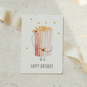 Birthday card popcorn | Postcard A6 | popcorn card | Ticket cinema voucher watercolor illustration | Hand lettering | Print