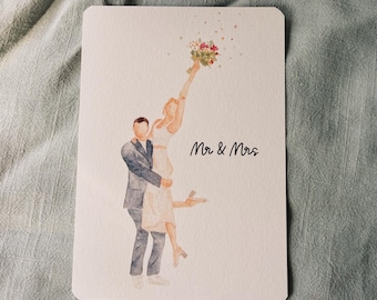 Tarjeta de boda para una pareja casada | Tarjeta A6 | Felicitaciones a los novios | Regalo de boda | Ilustración en acuarela | Impresión