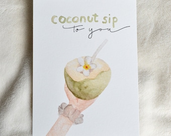 Coconut Sip to you Geburtstagskarte Postkarte A6 Geschenk Geburtstag  Aquarell tropische Glückwünsche Illustration Einladung Geburtstag