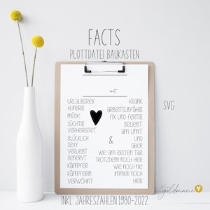 May include: Black and white printable design sheet with the text "FACTS PLOTTDATEI BAUKASTEN" and a list of words in German, including "Urlaubsreif", "Hungrig", "Müde", "Süchtig", "Verheiratet", "Glücklich", "Sexy", "Verliebt", "Genervt", "Kämpfer", "Kämpferin", "Verwöhnt", "Seit", "Krank", "Arbeitsunfähig", "Fix und Fertig", "Geliebt", "Am Limit", "&", "Und", "Aber", "Wie am ersten Tag", "Trotzdem noch hier", "Wie noch nie", "Immer noch hier", "INKL. JAHRESZAHLEN 1980-2022", and "SVG".