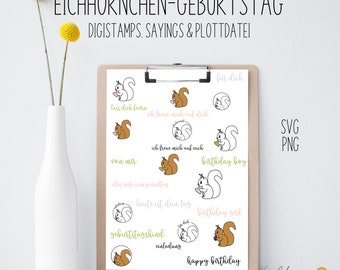 Plotterdatei "Eichhörnchen Geburtstag", DigiStamp, DigiPapier, SVG