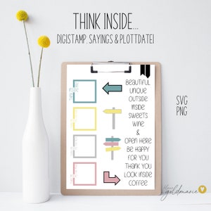 Könnte beinhalten: Ein druckbares digitales Design mit vier bunten Quadraten und Pfeilen. Jedes Quadrat enthält den Text "Think Inside" und einen anderen Spruch. Die Sprüche sind "Beautiful Unique Outside Inside Sweets Wine", "Open Here Be Happy For You Thank You", "Look Inside Coffee", und "Think Inside Me". Das Design ist mit "Digistamp. Sayings & Plottdatei SVG PNG" beschriftet.