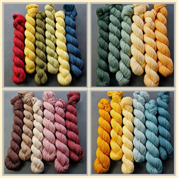 6x 50g set of hand-dyed skeins of pure new wool (merino wool) Quarter Round