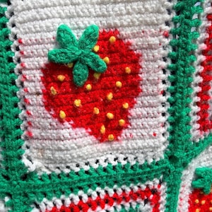 Handmade Strawberry Patch Afghan Blanket: 1970s Rosette Granny Square Throw