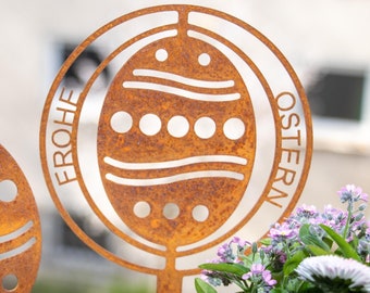 Easter egg "Happy Easter" as a flower stake - garden decoration - rusted metal - garden art - garden ornament - gift