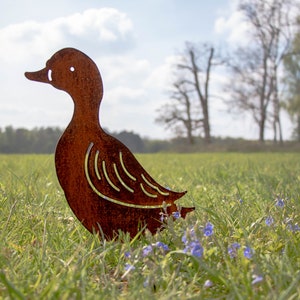 Peut inclure: Une silhouette de canard en m&eacute;tal rouill&eacute; debout dans un champ d'herbe verte avec des fleurs sauvages bleues.