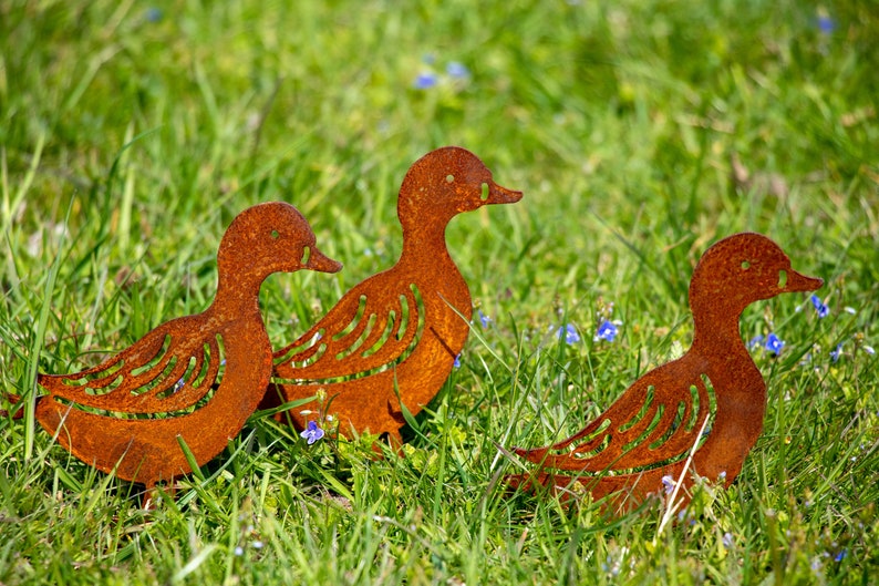 Peut inclure: Trois silhouettes de canards en m&eacute;tal rouill&eacute; dans un champ herbeux. Les canards sont tourn&eacute;s dans des directions diff&eacute;rentes et sont d&eacute;coup&eacute;s dans un design simple.