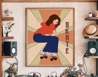 70s Decor Skateboarder Girl, 70s Decor, Retro 70s Home Decor, Retro Home Decor, 70s Floral Pattern Print, 70s Wall Art, Hippie Print