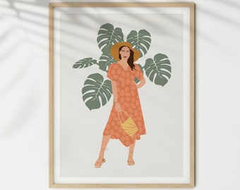 Boho Art Prints, Boho Wall Decor, Boho Decor, Cute House Drawing, Boho Living Room Decor, Girl Portrait, Modern Home Decor, Minimalist Art