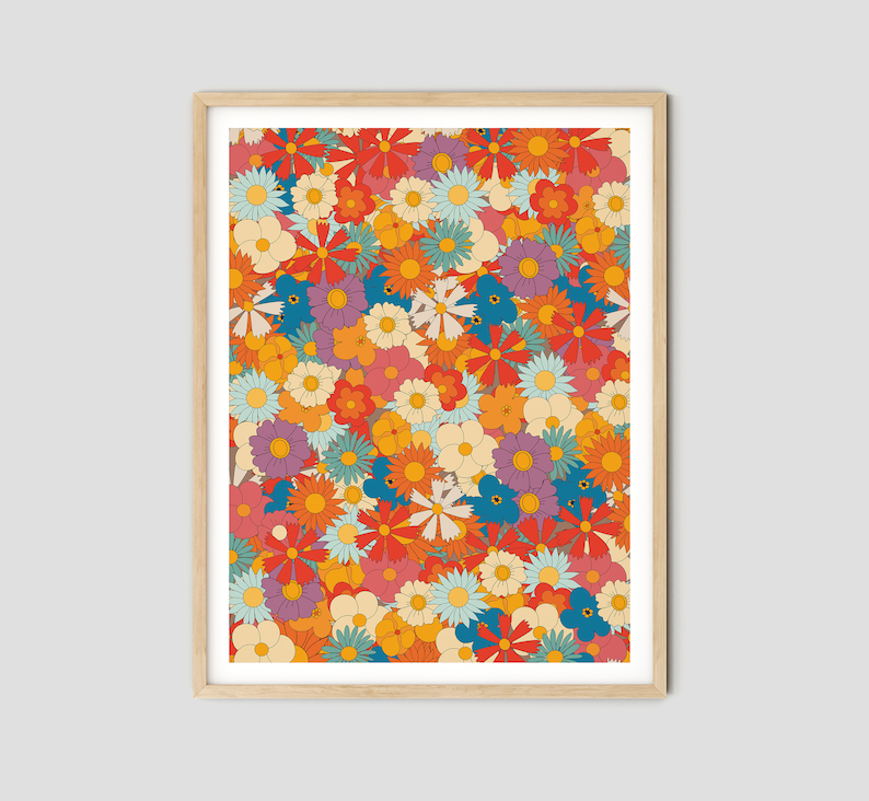 70s Decor, 70s Floral Pattern Print, Retro Home Decor, Hippie 60s Decor, Vintage Poster, Wall Art, Retro 60s Home Decor, 70s Wall Art image 2