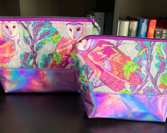Moon Garden Owls with Holographic Accents Bag. Perfect for Makeup, Sewing Projects, School, Pencil Case, Art Bag, Purses.