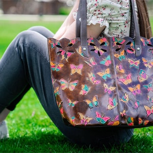 Handmade Butterfly Leather Tote Bag / Purse | Artisan | Fair Trade | Colombia