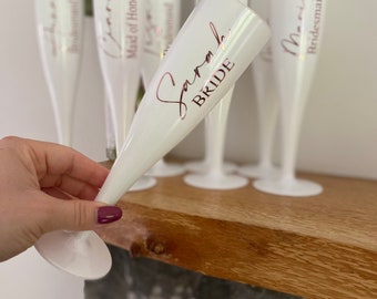 Personalised Bridal party white plastic champagne flutes/ weddings / celebrations / hen party / bridesmaid gifts / birthday/ Champagne flute