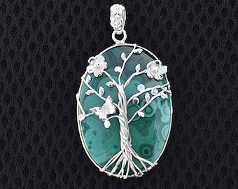 Große Malachit Sterling Silber Halskette, Oval Edelstein Anhänger, Malachit Halskette für Baum des Lebens und Schmetterling Anhänger