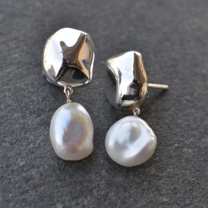 Natural Baroque Pearl Gemstone Sterling Silver Stud Earrings, Fine Quality Handmade Earrings, Silver Nuggate Pebble Hammered Stud Earrings