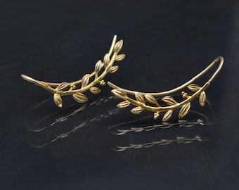 18K Gold Filled over silver Ear Climbers / Ear Crawlers / Delicate Ear Hug earrings /  Olive Branch Climber Prom Bridesmaid Wedding Earrings